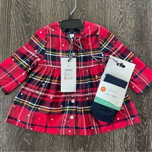 New! Joules Macy Red and Navy Blue Plaid Silver Star Baby Girl Dress W/Ti…